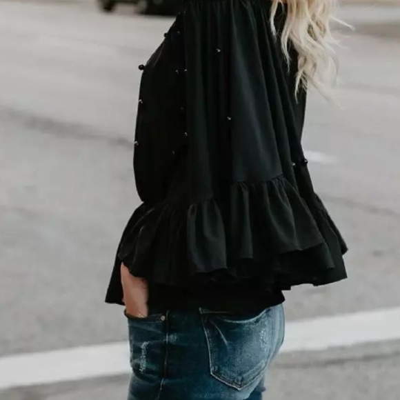 1 Left! Black Off The Shoulders Top w/Black Pearls - Picture 4 of 5